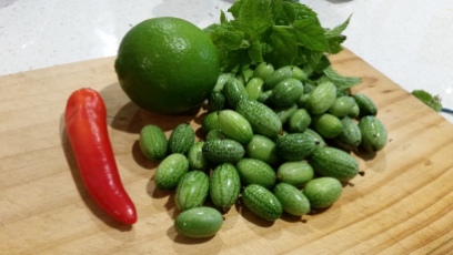 Home grown cucamelons, lime, mint and chilli for the Cucamelon Bruschetta